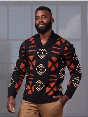 NWT D'IYANU Men's African Print Shawl Collar Pullover Sweater - Medium